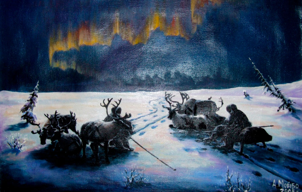Тундра, олени - картина художника Александра Мойбо, Таймыр
