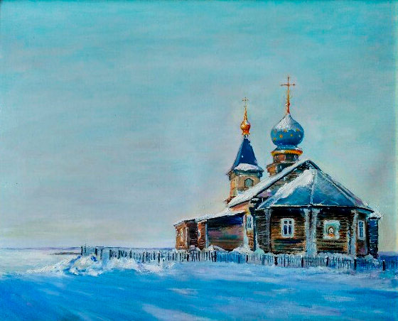 «Православный храм в Хатанге» - картина художника Александра Сипаркина, Таймыр