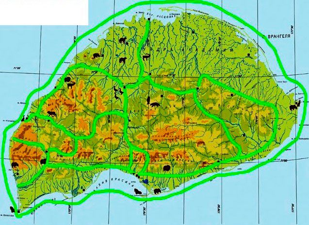 Схема маршрутов экологического туризма на острове Врангеля.Схема предоставлена Груздевым А.Р.