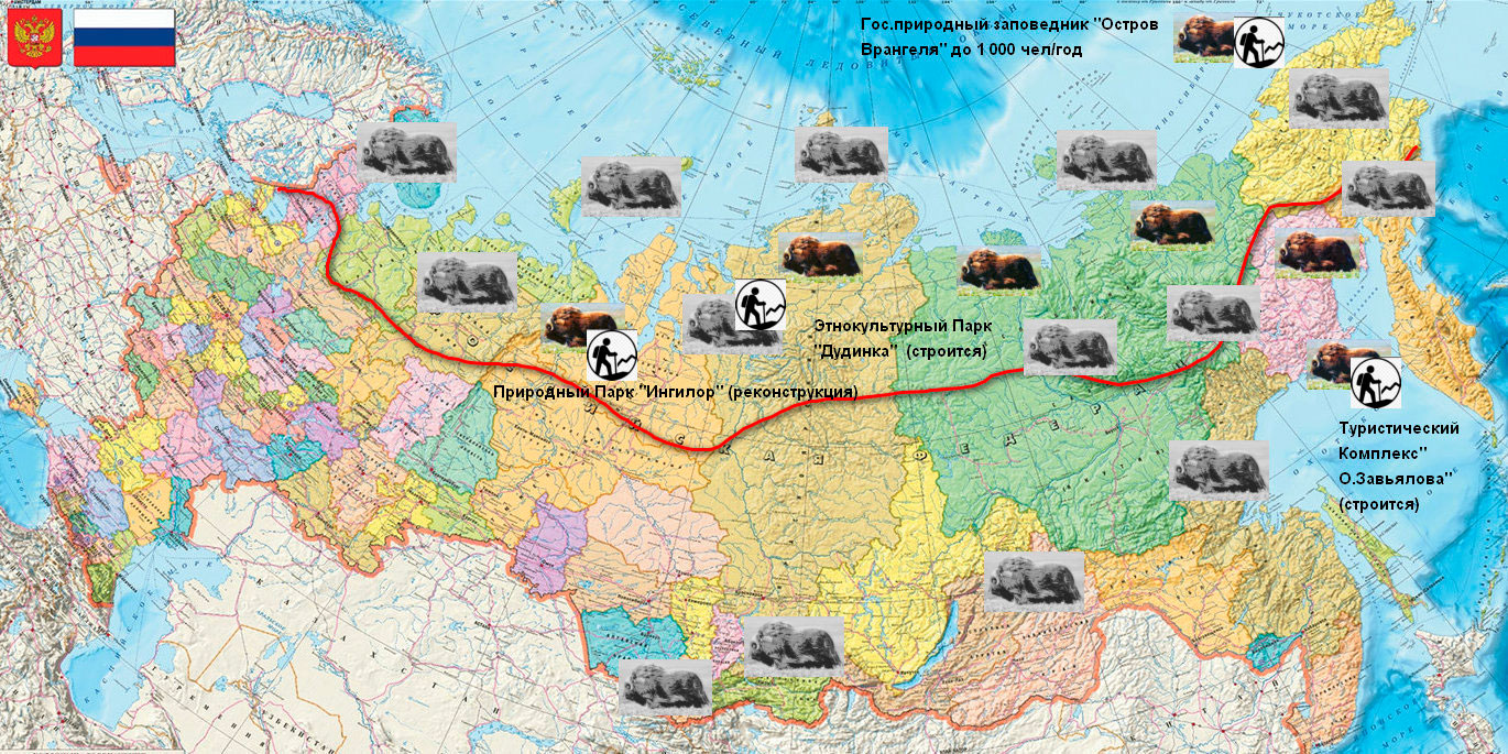 Карта России с указанием мест обитания овцебыков ( в 2022 г и в будущем) , а также объектов экотуризма, связанного с овцебыками. 